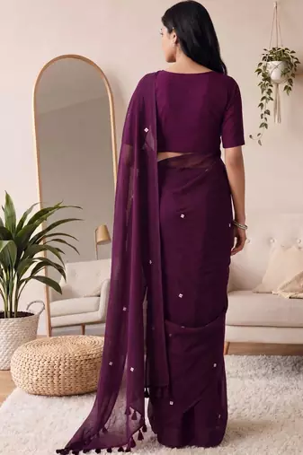 purple embellished mirror work cotton blend designer khadi saree