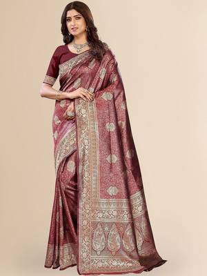 burgundy ethnic motifs zari art silk blend heavy work saree 1