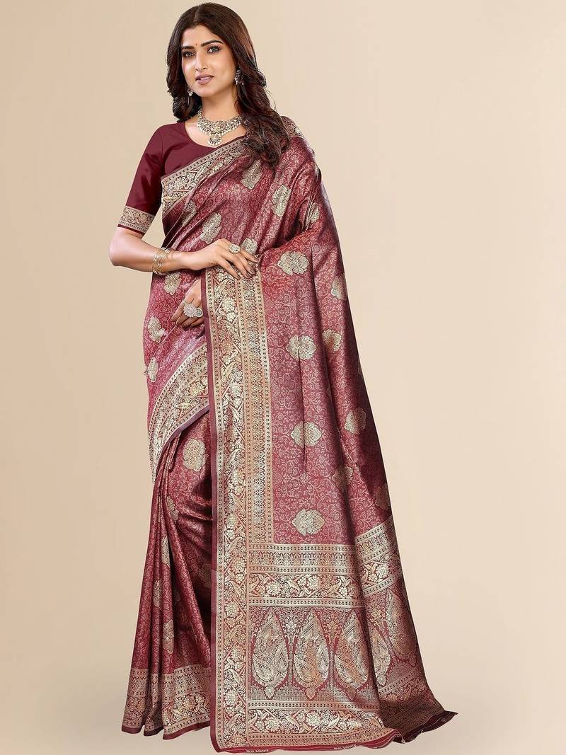 burgundy ethnic motifs zari art silk blend heavy work saree