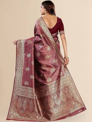 burgundy ethnic motifs zari art silk blend heavy work saree 2