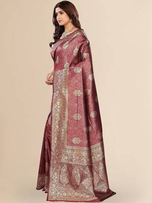 burgundy ethnic motifs zari art silk blend heavy work saree 3