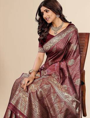 burgundy ethnic motifs zari art silk blend heavy work saree 4