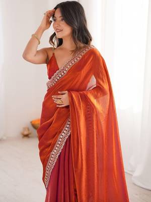 Orange woven design zari silk blend designer saree 4