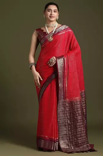 red ethnic motifs woven design zari saree with matching blouse