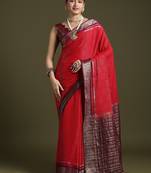 red ethnic motifs woven design zari saree with matching blouse