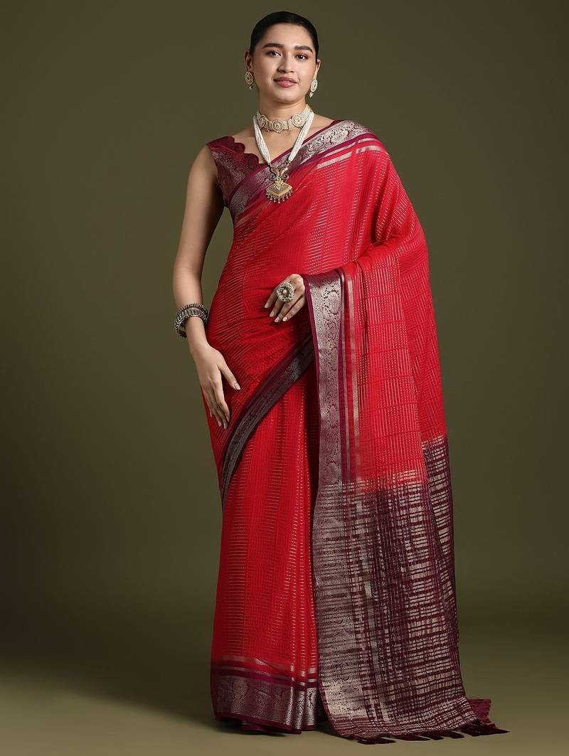 red ethnic motifs woven design zari saree with matching blouse