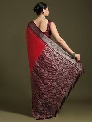 red ethnic motifs woven design zari saree with matching blouse 2