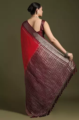 red ethnic motifs woven design zari saree with matching blouse