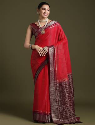 red ethnic motifs woven design zari saree with matching blouse 3