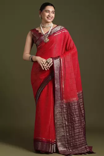 red ethnic motifs woven design zari saree with matching blouse