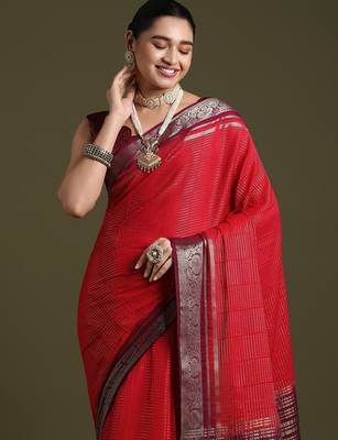 red ethnic motifs woven design zari saree with matching blouse 4