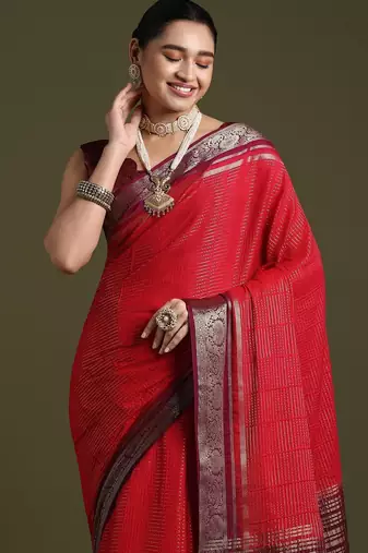 red ethnic motifs woven design zari saree with matching blouse