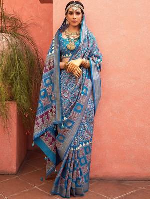 Blue ethnic motifs zari silk blend woven design  saree 1
