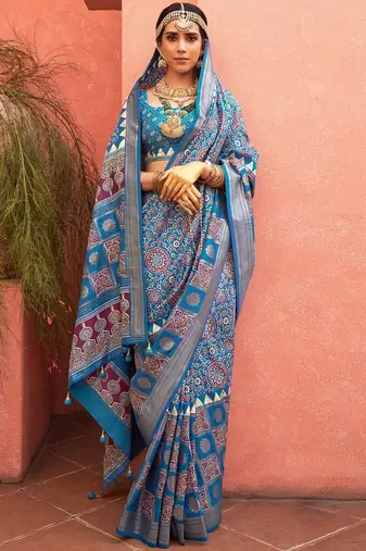 Blue ethnic motifs zari silk blend woven design  saree