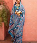 Blue ethnic motifs zari silk blend woven design  saree