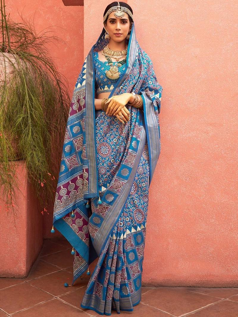 Blue ethnic motifs zari silk blend woven design  saree