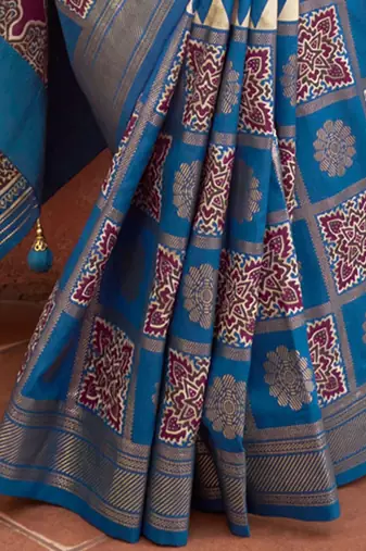 Blue ethnic motifs zari silk blend woven design  saree