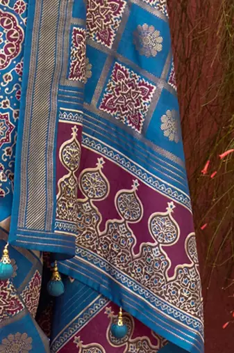 Blue ethnic motifs zari silk blend woven design  saree