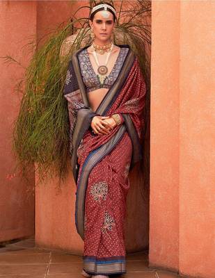 Maroon ethnic motifs zari silk blend banarasi saree 1