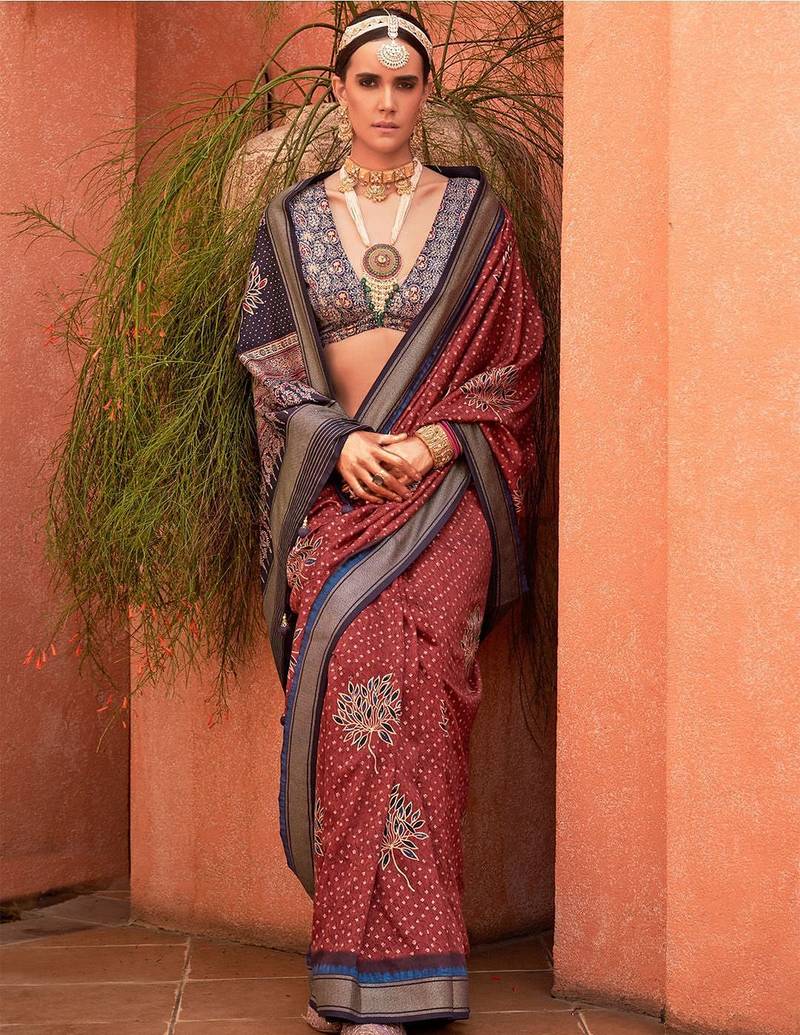 Maroon ethnic motifs zari silk blend banarasi saree