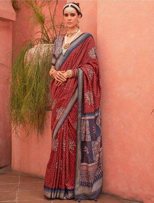 Maroon ethnic motifs zari silk blend banarasi saree 2