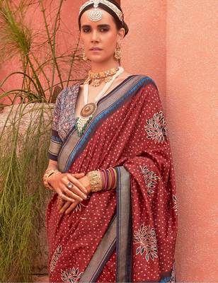 Maroon ethnic motifs zari silk blend banarasi saree 4