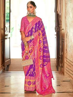Purple ethnic motifs zari silk blend banarasi saree 1