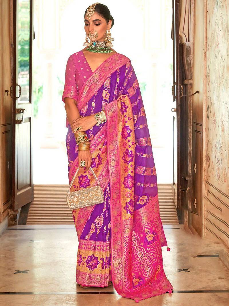 Purple ethnic motifs zari silk blend banarasi saree