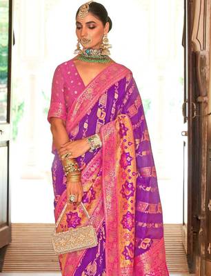 Purple ethnic motifs zari silk blend banarasi saree 2