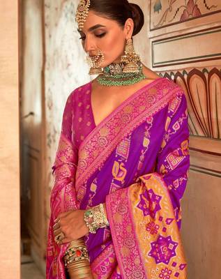 Purple ethnic motifs zari silk blend banarasi saree 3