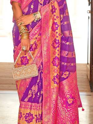 Purple ethnic motifs zari silk blend banarasi saree 4