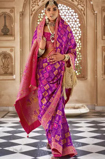 Purple woven design zari silk blend banarasi saree