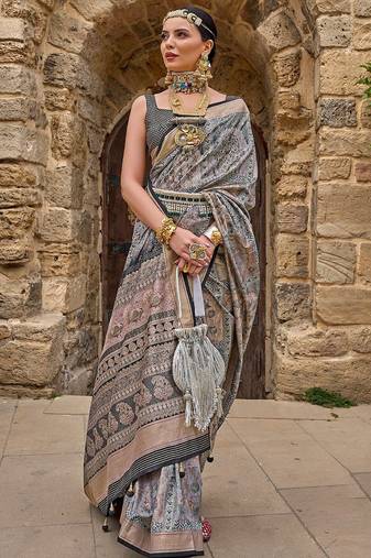 Grey woven design zari dabu saree