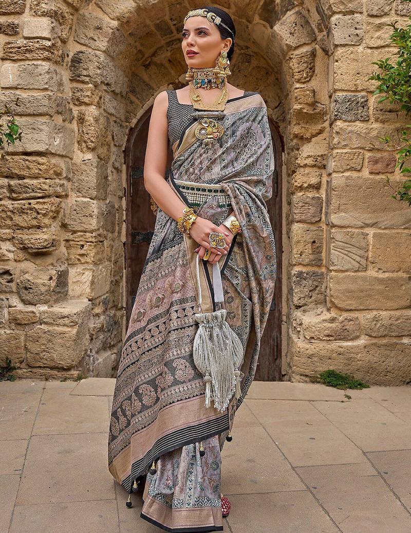 Grey woven design zari dabu saree