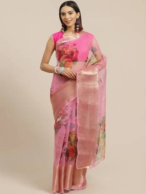 pink & red floral print organza saree 1