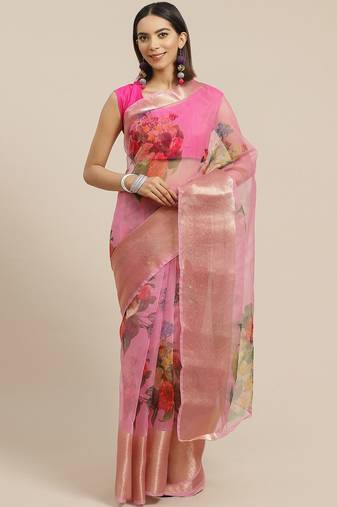 pink & red floral print organza saree