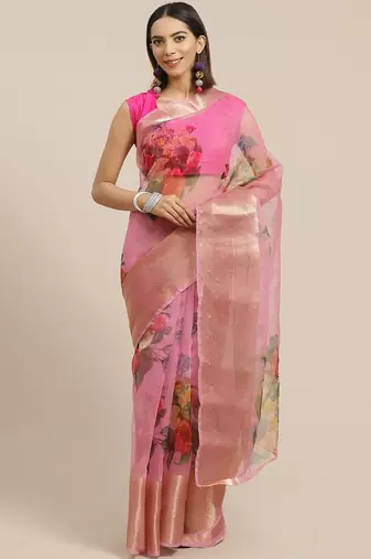 pink & red floral print organza saree