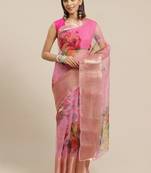 pink & red floral print organza saree