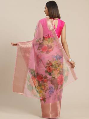 pink & red floral print organza saree 2