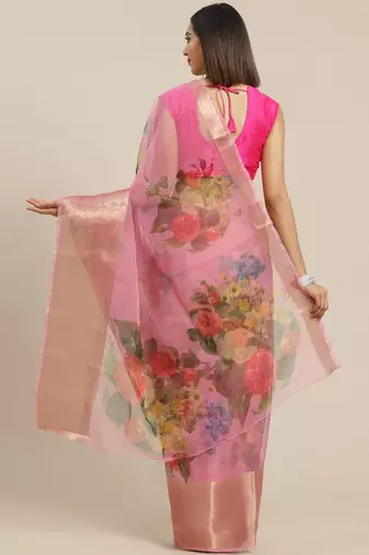 pink & red floral print organza saree