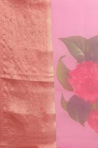 pink & red floral print organza saree
