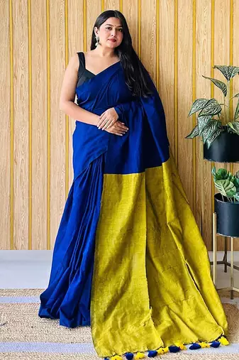 blue tassel detailed saree with no border