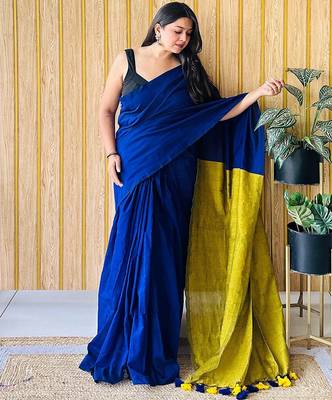 blue tassel detailed saree with no border 2