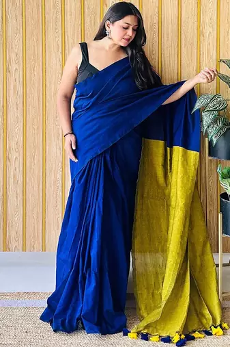 blue tassel detailed saree with no border