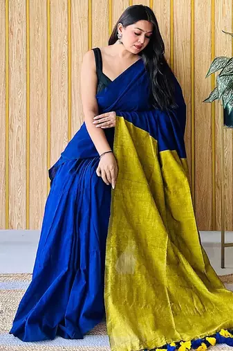 blue tassel detailed saree with no border