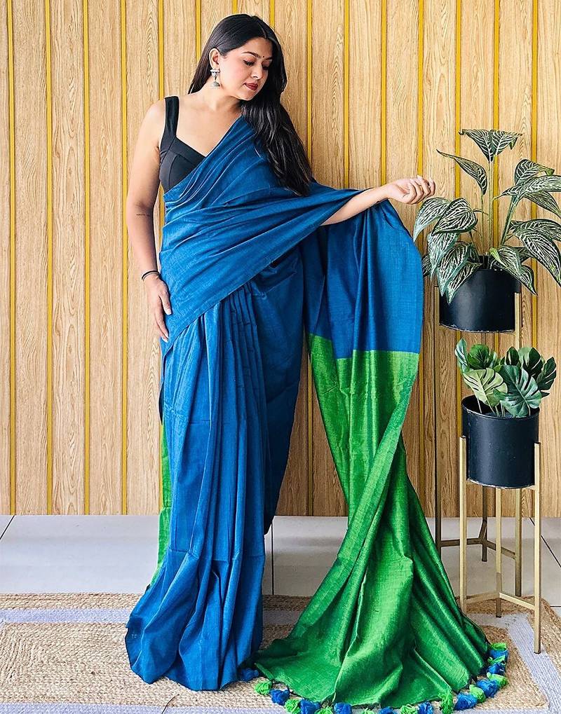 teal no border party saree