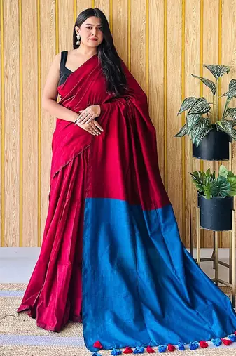 maroon tassel detailed saree with no border