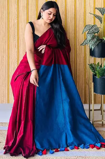 maroon tassel detailed saree with no border