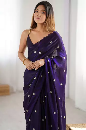 purple embellished beads and stones saree with scallop border