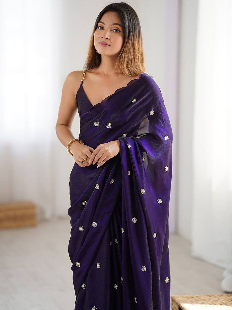 purple embellished beads and stones saree with scallop border